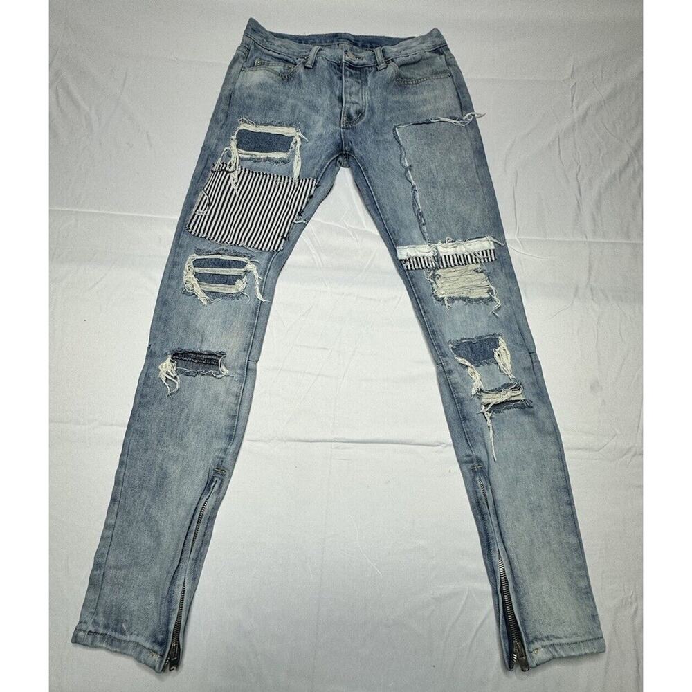 MNML Men's Tapered Ankle Zip Distressed Button‎ Fly Denim Jeans - Size 30x33